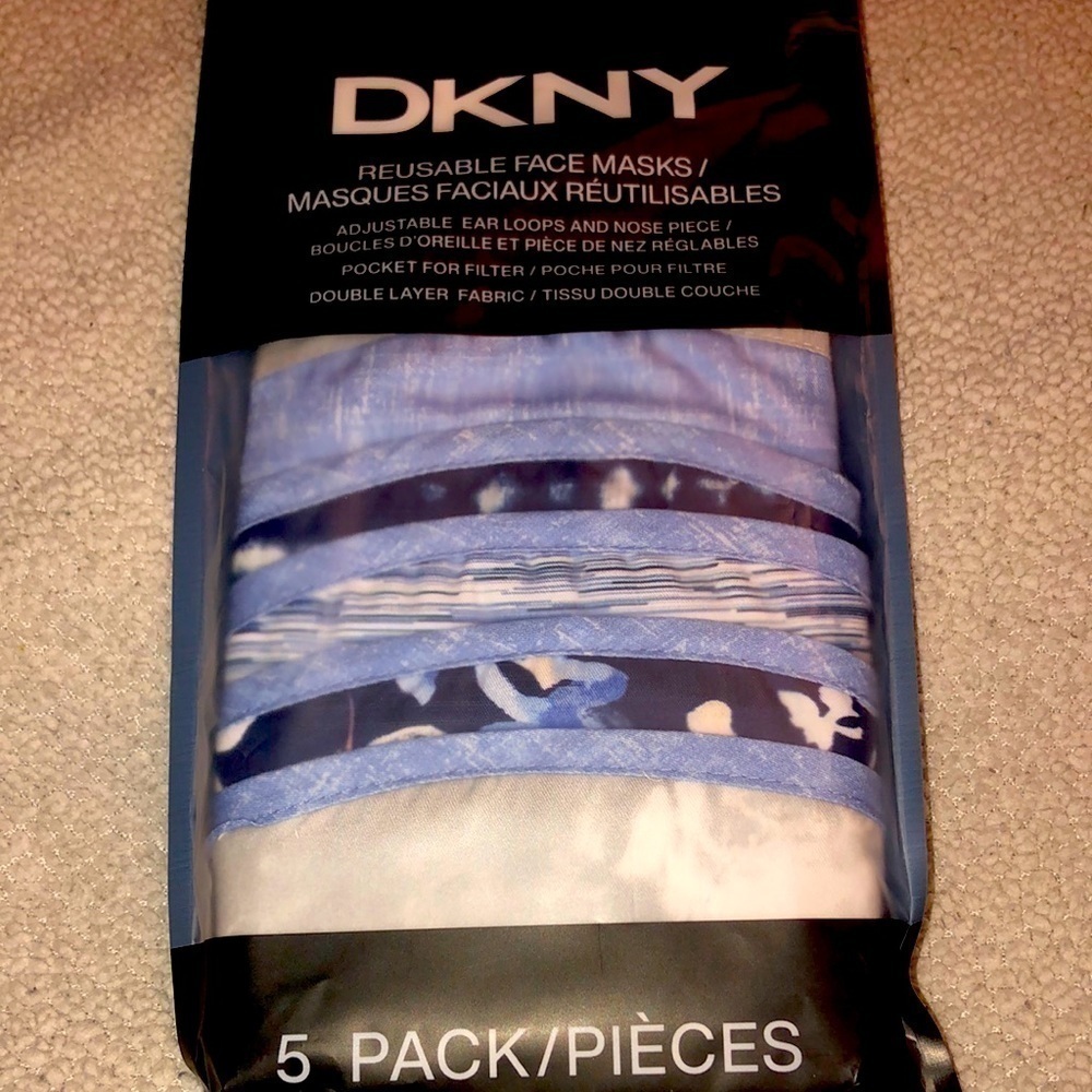 DKNY 5 pack face masks multi designs. Adjustable ear loops/nose piece. NWT